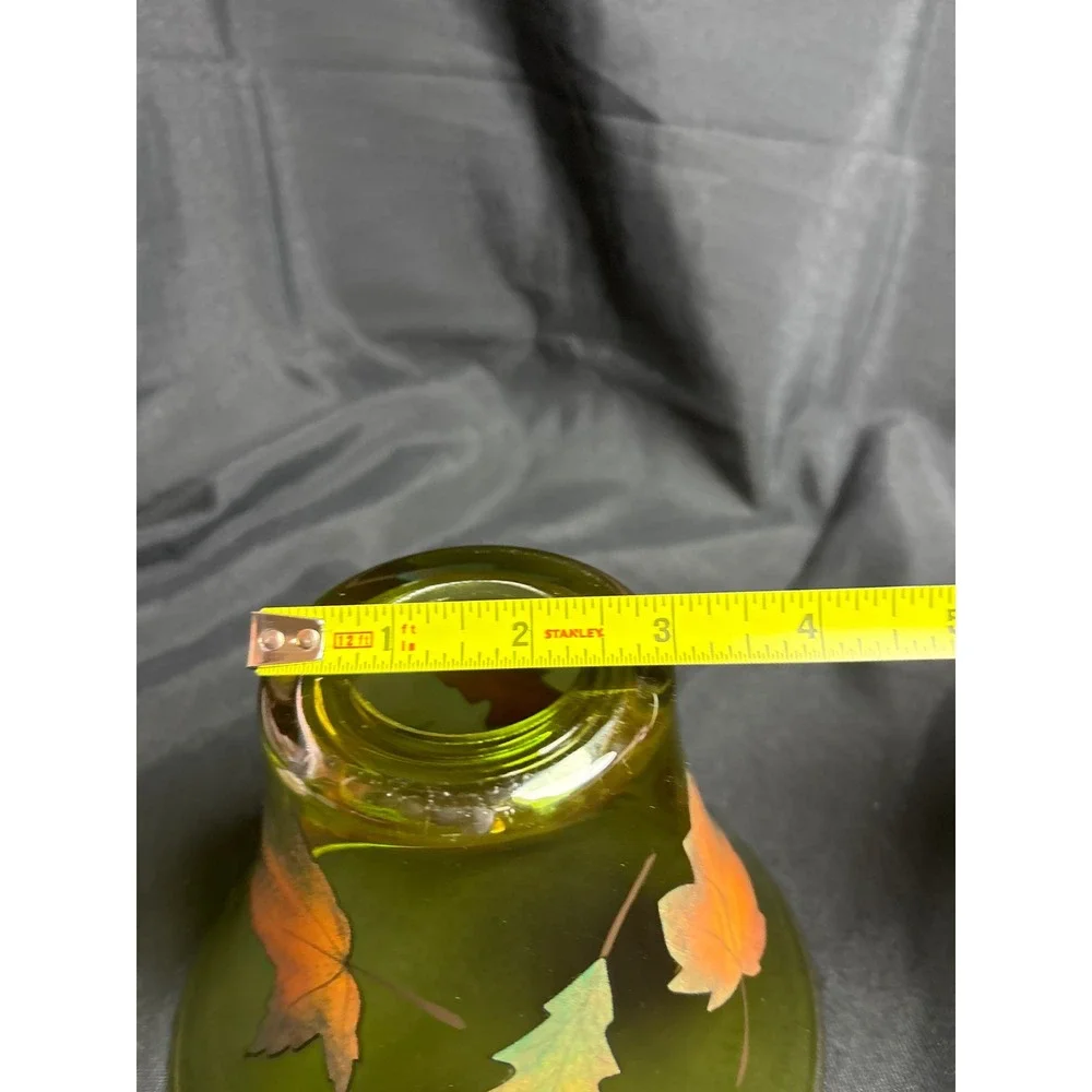 Olive Green Glass‎ Candle Shade Hand Painted Fall Autumn Leaves Jar Topper 6.5in